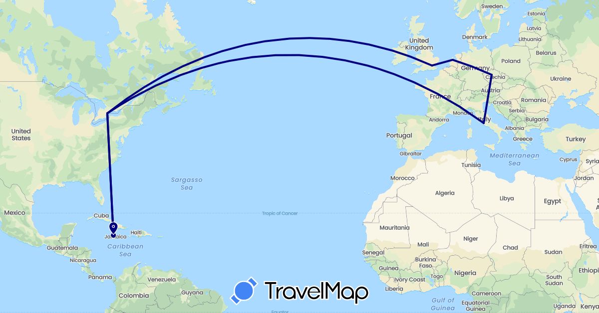 TravelMap itinerary: driving in Canada, Czech Republic, United Kingdom, Italy, Jamaica, Netherlands (Europe, North America)